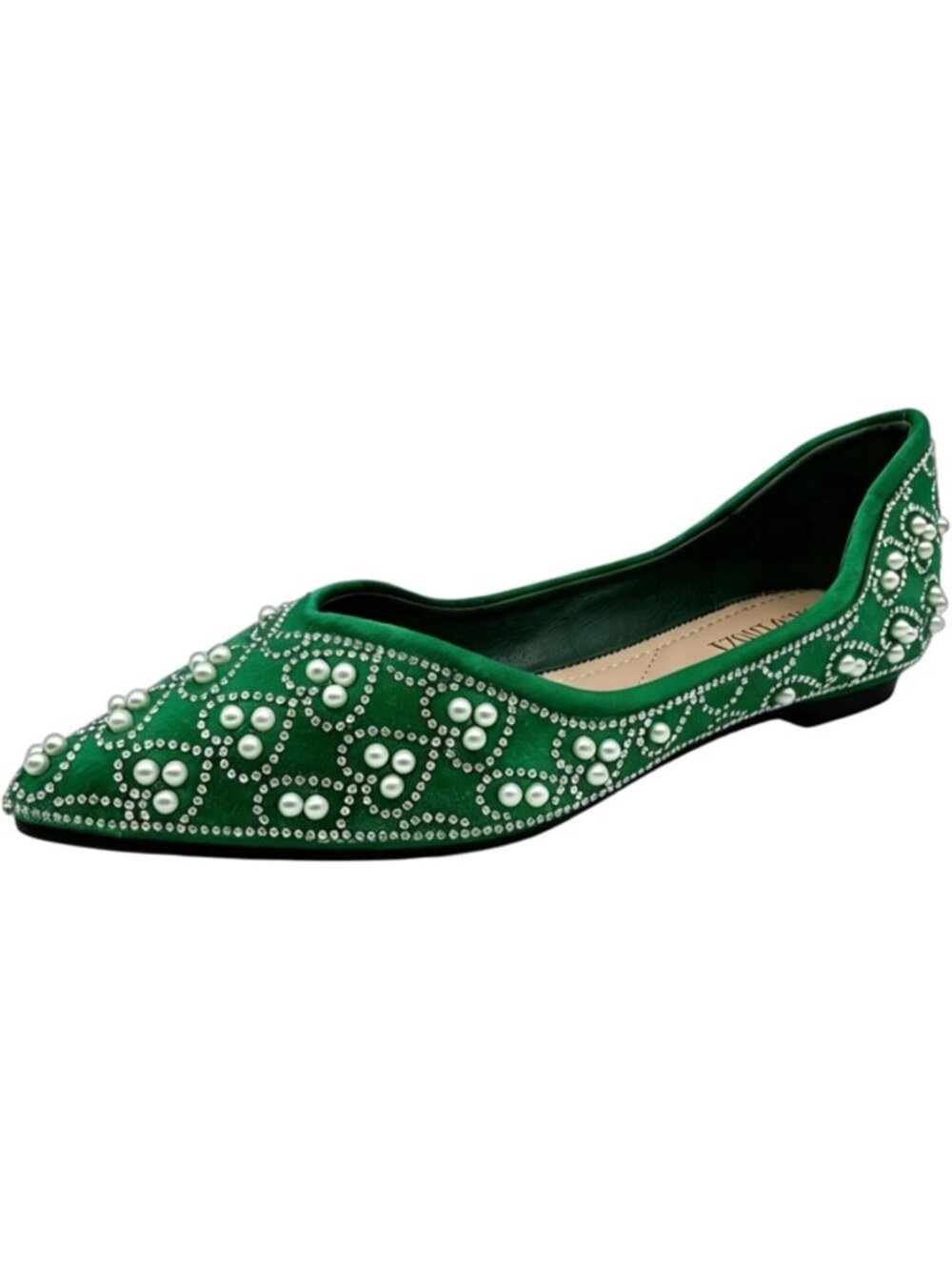 Women’s Green Rhinestone Flats with Memory Foam Sparkly Ballet Shoes Slip-on